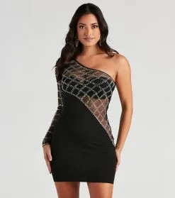 Windsor. Arianna Rhinestone One-Shoulder Sheer Mini Dress