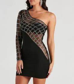 Windsor. Arianna Rhinestone One-Shoulder Sheer Mini Dress -Bridal Dresses popular shop 05001 1328 4