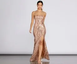 Windsor. Ines Strapless Sequin Slit Gown