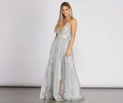 Windsor. Janica Plunging Glitter A-Line Dress