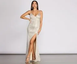 Windsor. Kairi Cross Back High Slit Sequin Dress