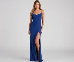 Windsor. Alondra Cowl Neck Metallic Glitter Formal Dress