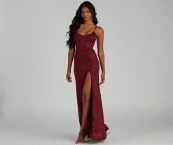 Windsor. Keira Glitter Knit High Slit Formal Dress