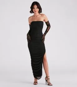 Windsor. Wren Strapless Ruched Formal Dress And Gloves Set
