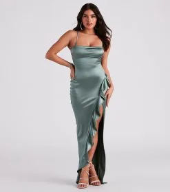 Windsor. Lauren Ruffled Slit Satin Formal Dress